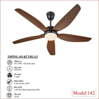 Quạt trần 5 cánh DCT Fan 142 Dendecor247 động cơ DC inverter có điều khiển remote từ xa 6 cấp gió,có đảo chiều