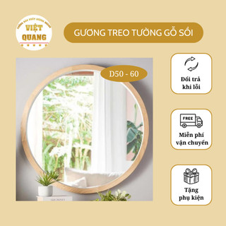 Gương tròn treo tường viền gỗ Sồi vàng cao cấp chống mối mọt dây da để bàn trang điểm phòng tắm phòng ngủ Gương Decor
