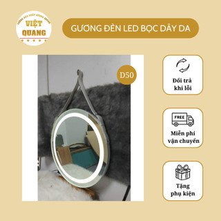 Gương tròn cảm ứng đèn led ánh sáng vàng trắng, gương treo tường dây da bò đen nâu gương việt quang
