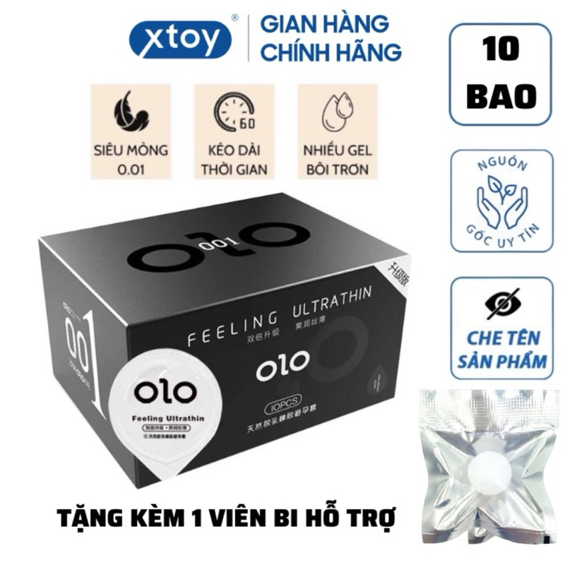 Bao cao su OLOL đen tặng 1 viên bi , 0.01 siêu mỏng, nhiều gel bôi trơn, hương vani - hộp 10 bcs