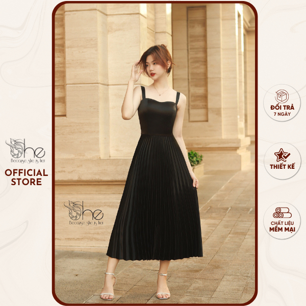 Đầm hai dây maxi đơn giản quý phái She, váy đầm đẹp xếp ly dự tiệc sang trọng SDX160