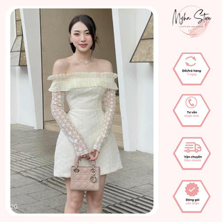 Đầm dự tiệc tiểu thư ren trễ vai tay dài phối bèo nhẹ nhàng