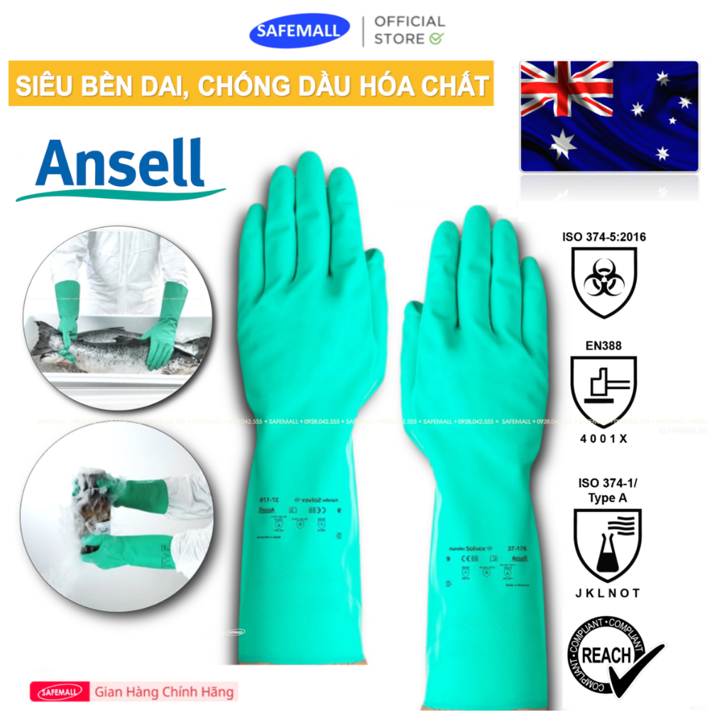 Găng tay bảo hộ hóa chất Ansell Alphatec 37-176 độ bền rai cao, thích hợp vệ sinh, tẩy rửa, gia dụng - SAFEMALL