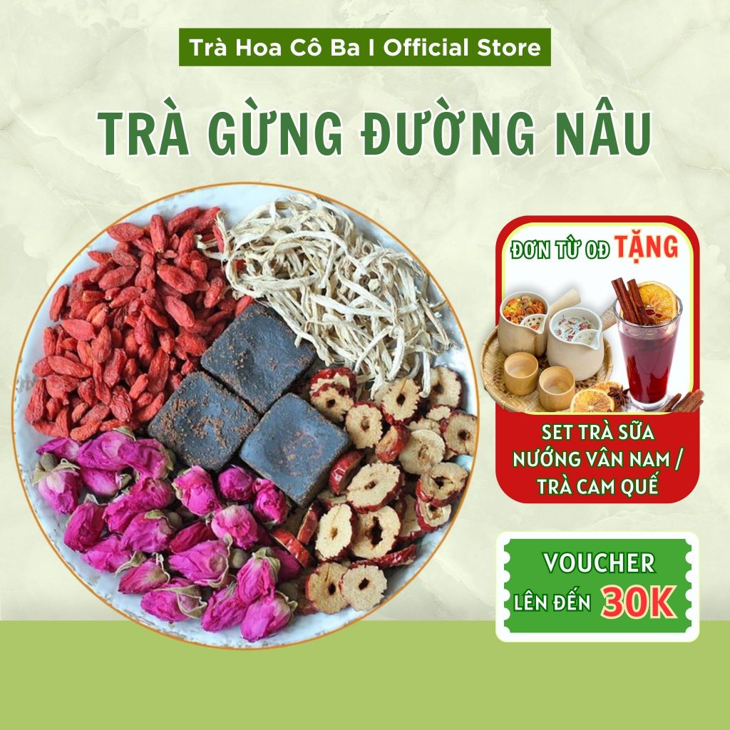 Trà thảo mộc đường nâu, Trà Gừng Đường Nâu Hộp 30 gói Trà Hoa Cô Ba giảm đau bụng kinh, bổ máu giữ ấm cơ thể