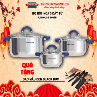 Bộ nồi inox 3 đáy, quai cầm cách nhiệt Sunhouse SHG361 + tặng dao làm bếp màu đen