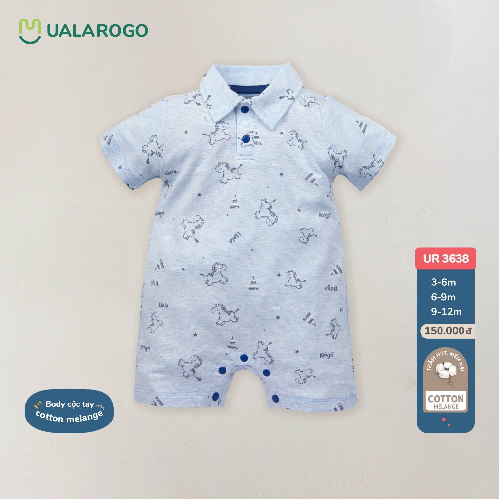 Bodysuit cộc tay Uala Rogo cúc giữa chất Bamboo cotton mềm mịn thoáng mát thấm hút tốt cho bé trai bé gái 2280 3638