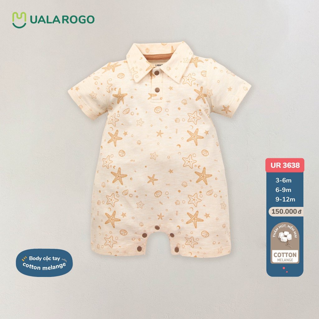 Bodysuit cộc tay Uala Rogo cúc giữa chất Bamboo cotton mềm mịn thoáng mát thấm hút tốt cho bé trai bé gái 2280 3638