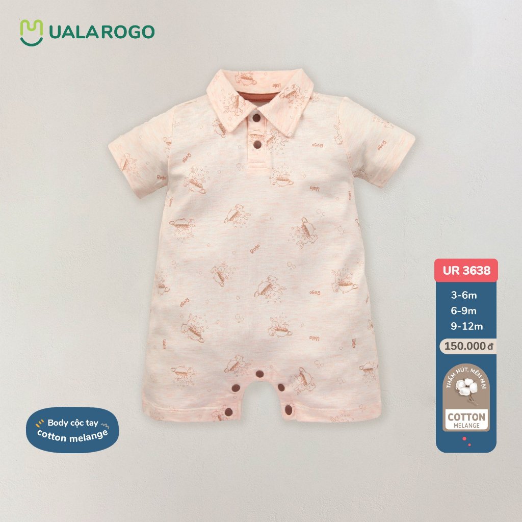 Bodysuit cộc tay Uala Rogo cúc giữa chất Bamboo cotton mềm mịn thoáng mát thấm hút tốt cho bé trai bé gái 2280 3638