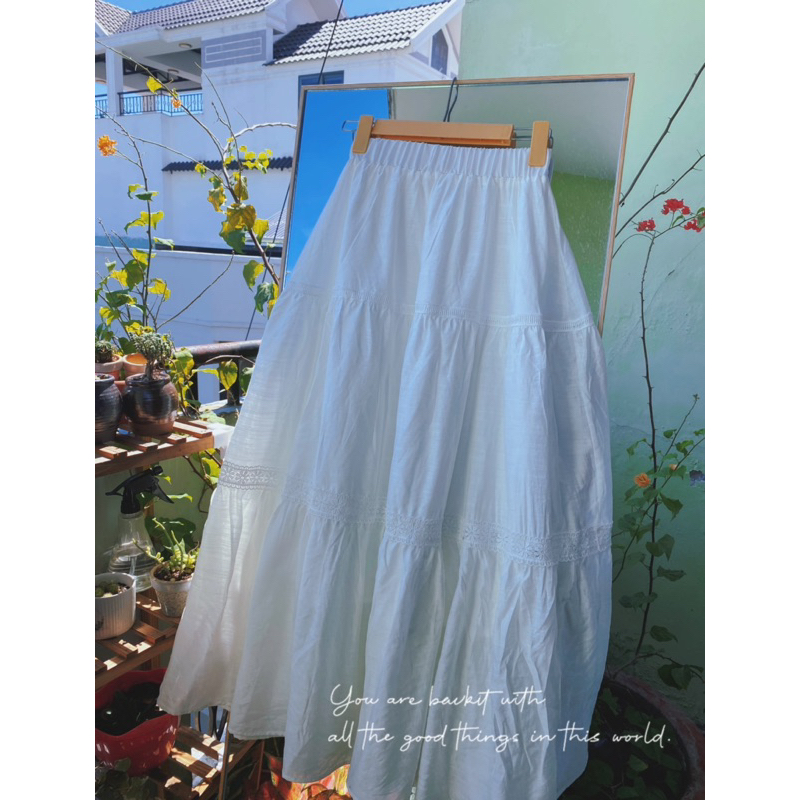Chân váy dài 90cm chân váy dài 3 tầng phối ren 1m58store