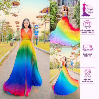 [Sẵn] Đầm váy maxi du lịch omber loang cầu vồng thiết kế cổ yếm xẻ tà sẵn mút đi du lịch sống ảo sang chảnh-MaxiTinTin