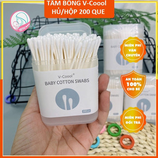 Tăm bông sơ sinh V-Coool kháng khuẩn (hộp 200 que lõi giấy) đa năng cho bé vệ sinh tai, mũi.