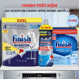 Viên rửa bát Finish quantum hộp 60 viên cao cấp mới nhất + Muối 1,2kg + Bóng finish 800ml