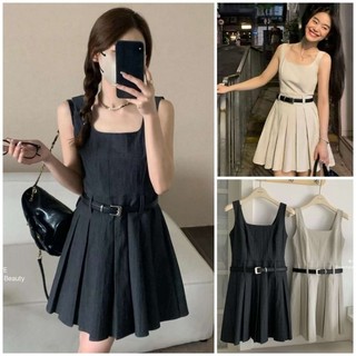 (Sẵn) VÁY THÔ XẾP LY CỔ VUÔNG KÈM BELT WG.WE metwo.dearu - Váy thô xòe dáng ngắn QC dày dặn kèm đai da có lót ulzzang HQ