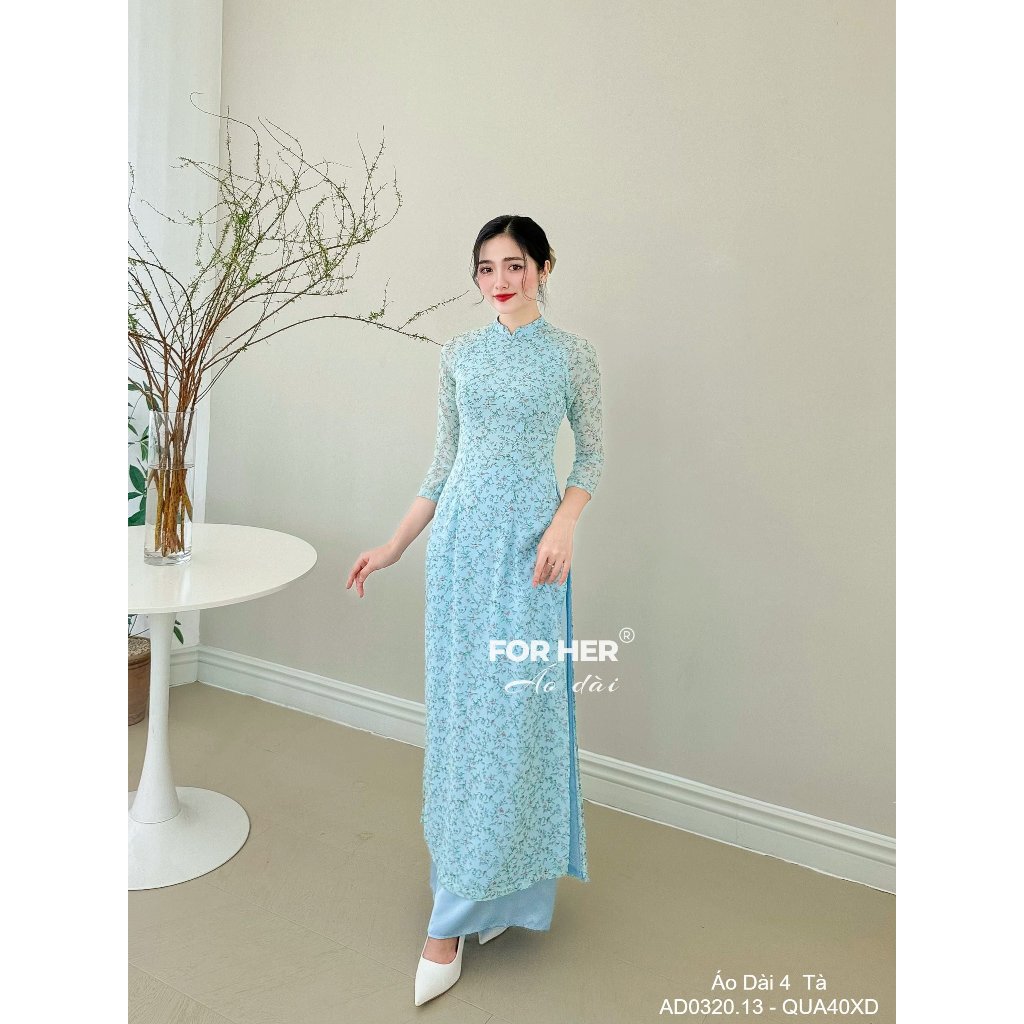 Áo dài FOR HER 4 tà xanh dương hoa nhí AD0320.13