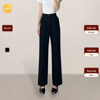  Quần tây ống suông nữ cạp lưng cao form dáng dài công sở vải xếp ly cài nút màu đen Q068 - Sunstore 