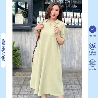 Đầm váy bầu dáng suông chất thun tăm mềm mát cổ bẻ trẻ trung v731 - váy bầu cộc tay mùa hè freesize