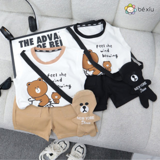  SET bộ BA LỖ SÁT NÁCH HÌNH GẤU gồm 3 chi tiết một quần kaki, áo cotton, túi đeo chéo cho bé từ 8-28Kg