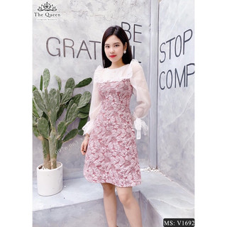 Váy xốp hoa nổi phối voan trắng hồng điệu đà size S