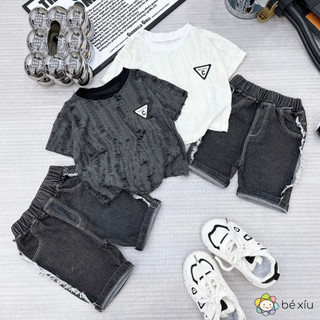  Sét đồ bộ JEAN LỬNG ÁO XƯỚC không kèm vòng, gồm một áo xước cổ tròn và quần jean ngố cực ngầu cho bé trai 8-28K