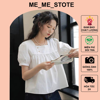 Áo babydoll ngắn tay cổ vuông cúc lệch tay bồng dáng rộng phong cách Hàn Quốc