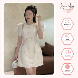 Đầm cổ yếm khoét vai dáng xoè đính đá siêu xinh