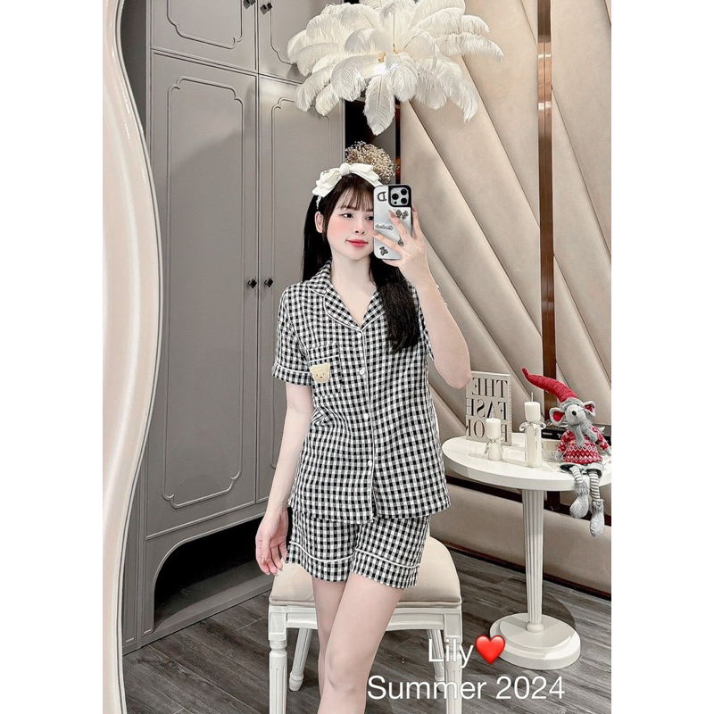 Bộ Ngủ pijama Cộc Kẻ Caro Túi gấu mặc ở nhà