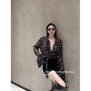 Áo sơmi lụa hoạ tiết vằn kèm dây cổ chuẩn tag SHE