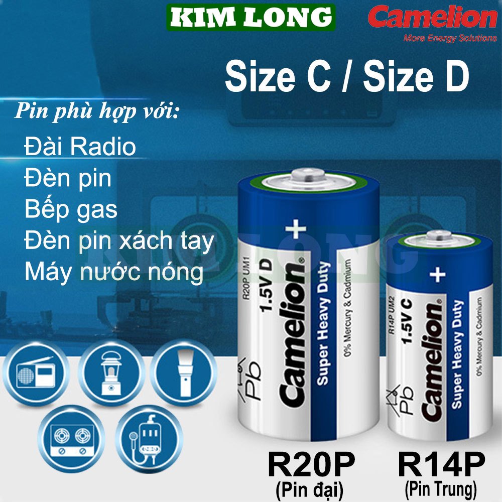 Pin đại pin trung Camelion R20P(Size D),R14P(Size C),pin than(carbon)1.5V.dụng cho bếp gas Âm,đèn pi