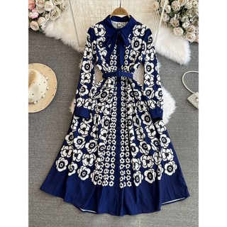 #4740 [Order] Đầm Quảng Châu dài tay cổ sơ mi họa tiết xanh phong cách retro thanh lịch kèm dây buộc eo