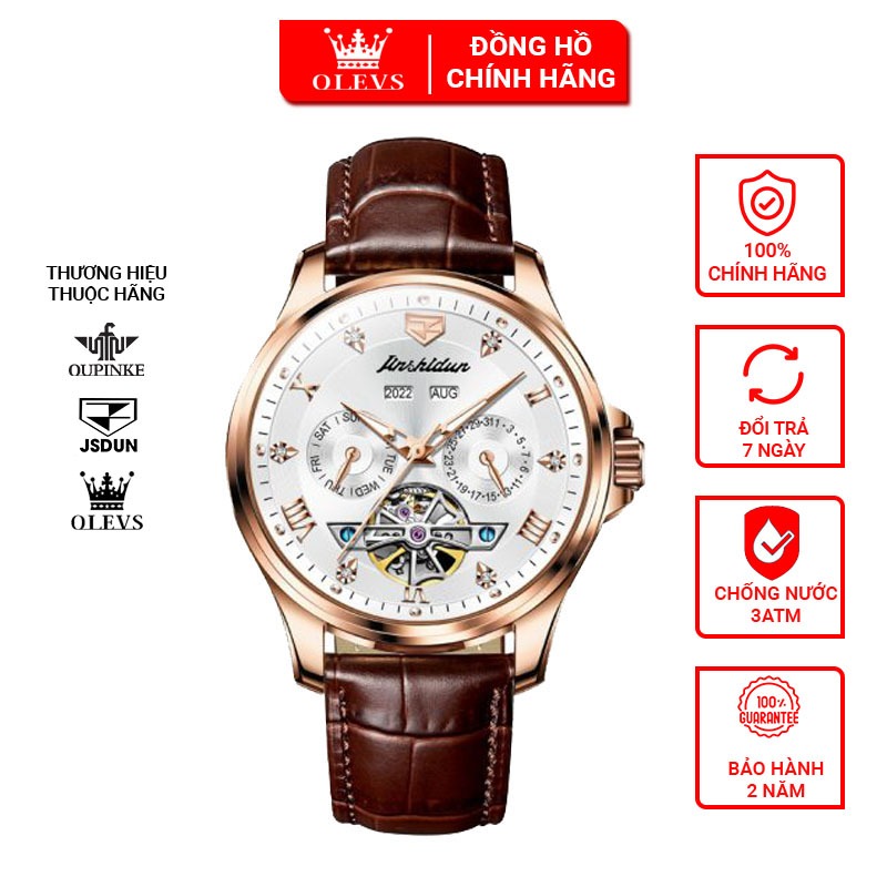 Đồng hồ automatic nam chính hãng lộ máy cơ chống thấm nước,Đồng hồ JSDUN có dạ quang,Đồng hồ đeo tay quà tặng nam giới