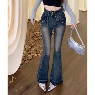 Quần jeans nữ ống loe co giãn đính đá hottren 2024