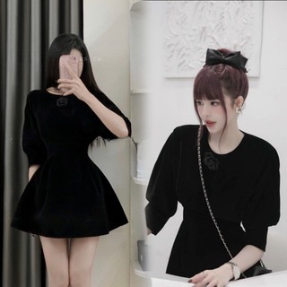 [HÀNG ĐẸP] Đầm Nhung Đen Dáng Xòe Tay Lỡ Hoa Trà