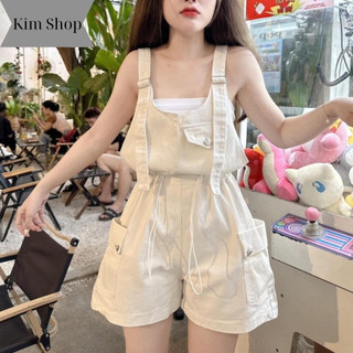 Quần yếm short ống rộng thiết kế lưng chun rút dây Kim Fashion, Quần yếm short chất kaki phối túi hộp cá tính