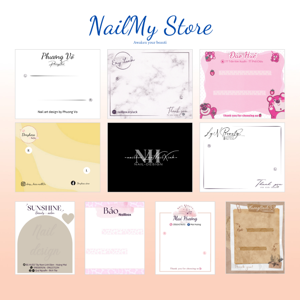 Bìa nailbox 2 mặt (kèm túi bóng cho mỗi bìa) - Thẻ gắn móng tay giả, bìa nailbox thiết kế size 9x11cm giấy C300 | BigBuy360 - bigbuy360.vn