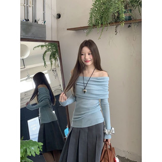 𝐇𝐢𝐧𝐢 - Áo Thun Kiểu Trễ Vai Màu Xanh Pastel Nhẹ Nhàng