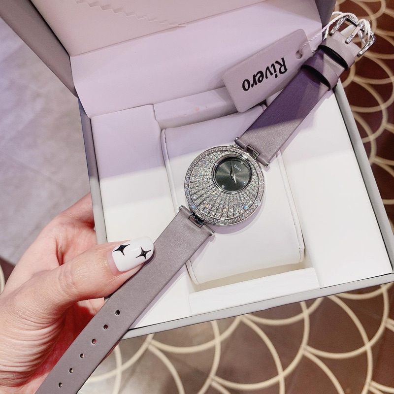 Đồng Hồ Nữ RIVERO R1902  Pin -Dây Da Xanh Chính Hãng mặt đính full đá gắn chấu siz 33mm