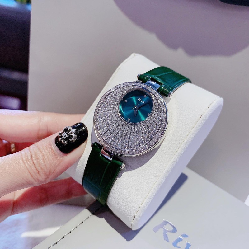 Đồng Hồ Nữ RIVERO R1902  Pin -Dây Da Xanh Chính Hãng mặt đính full đá gắn chấu siz 33mm