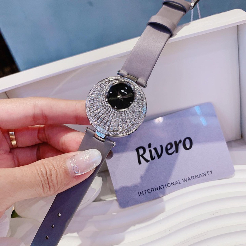 Đồng Hồ Nữ RIVERO R1902  Pin -Dây Da Xanh Chính Hãng mặt đính full đá gắn chấu siz 33mm