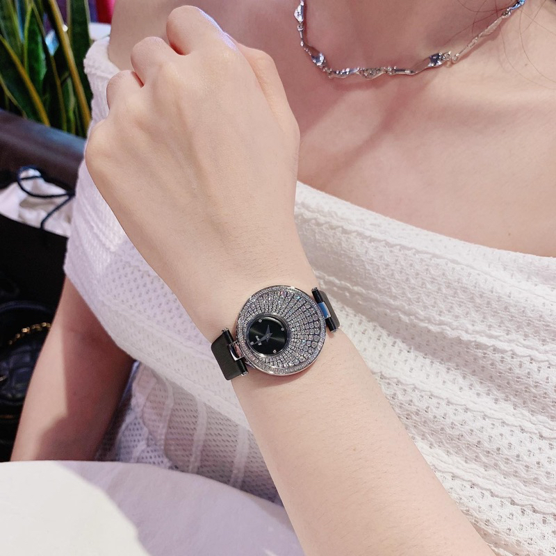 Đồng Hồ Nữ RIVERO R1902  Pin -Dây Da Xanh Chính Hãng mặt đính full đá gắn chấu siz 33mm