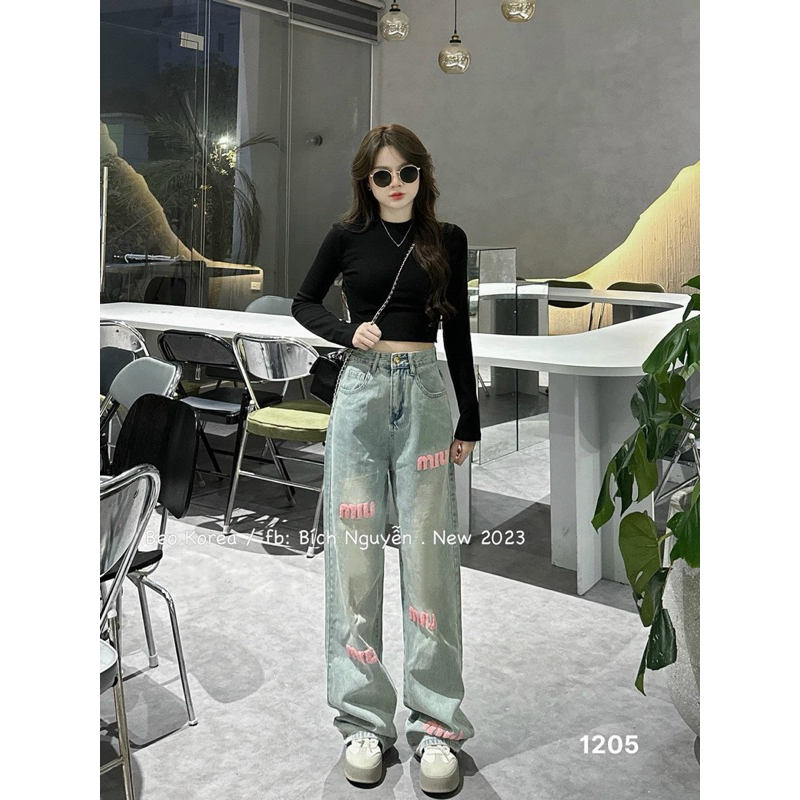 Quần Jean Suông Thêu Chữ Miu Hồng Ảnh Thật