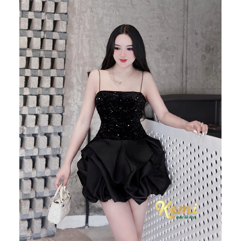 Váy thiết kế, đầm Tafta 2 dây phối kim sa bling highlight dáng A basic duyên dáng Kemi