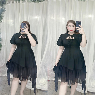 [Bigsize 60-85kg] Đầm tay bí nơ cổ phối bèo