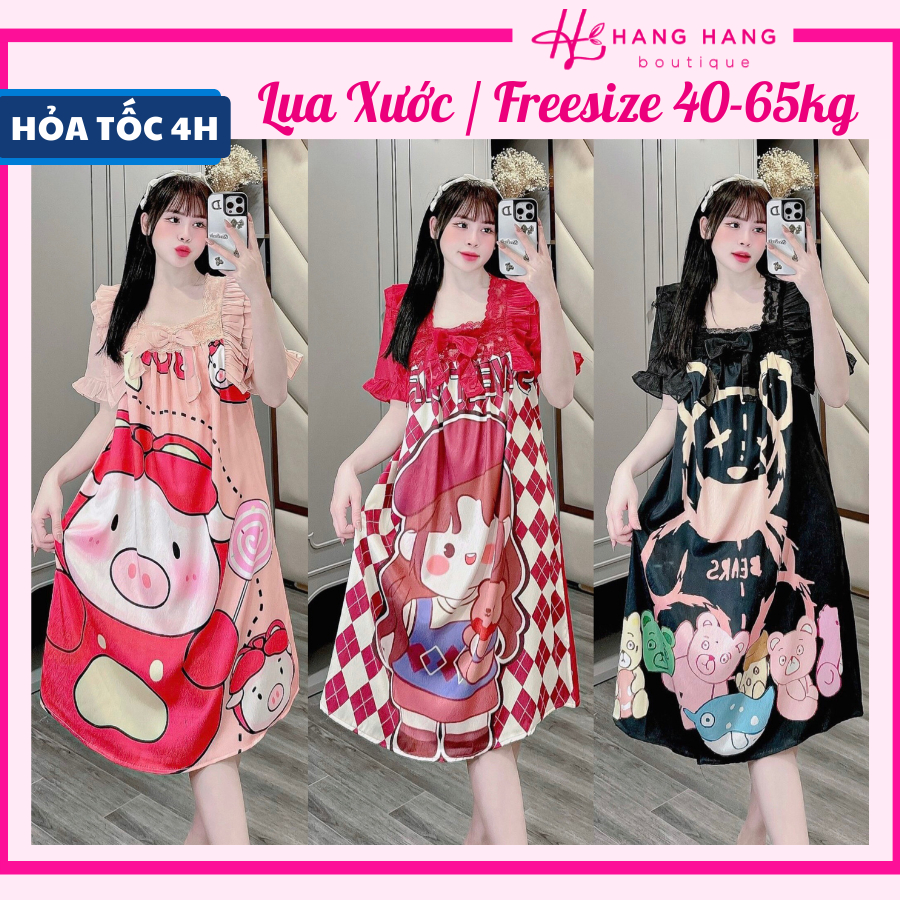 Đầm ngủ tiểu thư cổ vuông tay voan lụa xước dáng rộng dài 40-65kg, đầm váy ngủ lụa cute dễ thương bầu bì mặc nhà xinh