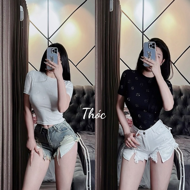 Áo cộc cổ tròn đính đá bling bling