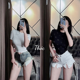 Áo cộc cổ tròn đính đá bling bling