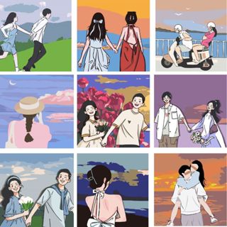 Tranh hóa số, tranh tô màu theo số,tranh sơn dầu, tô màu tranh theo số phong cảnh chàng trai cô gái có khung 20x20cm