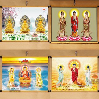 Tranh Tây Phương Tam Thánh treo tường 70x50cm bằng vải phủ bóng cao cấp dày dặn