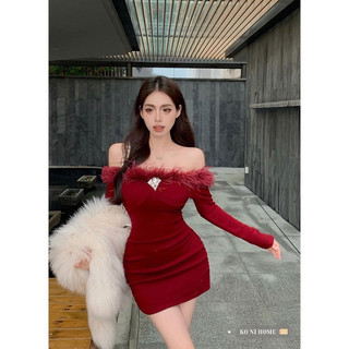 Váy body trễ vai Váy cho nữ phong cách Hàn Quốc thuần khiết dục vọng phong cách một vai lông nối kim cương dài tay