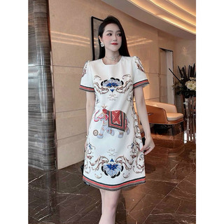 Hàng nhập - đầm suông lụa ht in hoa văn và voi tay ngắn