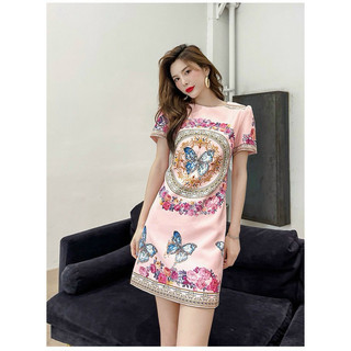 HÀNG NHẬP - ĐẦM SUÔNG LỤA HT IN HOA TAY NGẮN